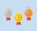 Gold, silver, bronze medal for first place. Trophy, award for winner  isolated on blue background. Set of golden badge with ribbon Royalty Free Stock Photo