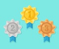 Gold, silver, bronze medal for first place. Trophy, award for winner  isolated on blue background. Set of golden badge with ribbon Royalty Free Stock Photo