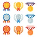 Gold, silver, bronze medal in flat icons set. Royalty Free Stock Photo