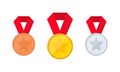 Gold  silver and bronze medal icon set. First  second and third place or award medals icon. Vector on isolated white background. Royalty Free Stock Photo