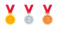 Gold, silver and bronze medal with red ribbon Medal vector icon set. First, second and third place medal isolated on Royalty Free Stock Photo