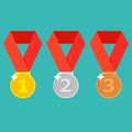 Gold, silver, bronze medal with red ribbon. 1st, 2nd and 3rd places. First, second, third place. Award winner trophy Royalty Free Stock Photo