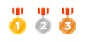 Gold silver bronze medal reward set with first second third place number and striped ribbon for video game apps icon