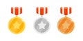 Gold silver bronze medal reward set with star and striped ribbon for video game or apps animation. First second third