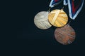 Gold, silver and Bronze medal, sport trophy photo, black background