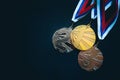 Gold, silver and Bronze medal, sport trophy photo, black background