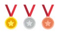 Gold, silver and bronze medal with star. Icon of coin or prize. Badge with ribbon for olympic game. Trophy and award for winner in Royalty Free Stock Photo