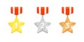 Gold silver bronze medal star reward set with first second third place number for video game or mobile apps animation