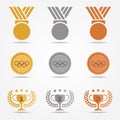Gold silver bronze medal and trophies Olive wreath (solid color) set design Royalty Free Stock Photo