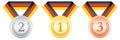 Gold silver and bronze medals. Award ceremony sport icon. Black red and yellow ribbon. German ribbon flag.