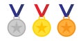 Gold, silver and bronze medals with blue and red ribbon Royalty Free Stock Photo