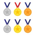 Gold, silver and bronze medals with blue and red ribbon, white background Royalty Free Stock Photo