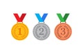 Gold, silver and bronze medals with blue ribbon flat vector icons for sports apps Royalty Free Stock Photo