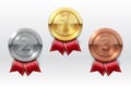 Gold silver bronze medals. Champion winner award metal medal. Honor badges realistic isolated vector set