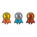 Gold, silver and bronze medals. Champion and winner awards medal set with red ribbon Royalty Free Stock Photo