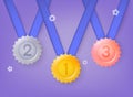 Gold, silver and bronze medals. Champion and winner awards medal set with red ribbon. 3D Web Vector Illustrations