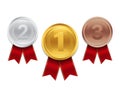 Gold, silver, bronze medals. 3d award medal for 1st, 2nd, 3nd place. Blank insignia of medal with red, white, blue ribbon for Royalty Free Stock Photo