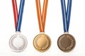 Gold, silver and bronze medals isolated on white background. Generative AI Royalty Free Stock Photo