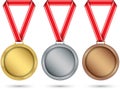 Gold, silver and bronze medals, medal set with red ribbon, vector illustration Royalty Free Stock Photo