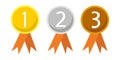 Gold, silver and bronze medals with orange ribbon flat design vector icons. Royalty Free Stock Photo