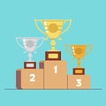 Gold silver and bronze medals on the podium . Cartoon flat vector illustration. Royalty Free Stock Photo