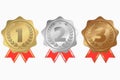 Gold, silver and bronze medals with ribbon, star and laurel wreath. First, second and third place awards. Vector. Royalty Free Stock Photo