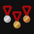 Gold, Silver and Bronze Medals Set with Red Ribbon. Vector Royalty Free Stock Photo
