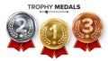 Gold, Silver, Bronze Medals Set Vector. Metal Realistic Badge With First, Second, Third Placement Achievement. Round