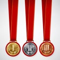 Gold, Silver, Bronze Place Badge, Medal Set Vector. Realistic Achievement With First, Second, Third Placement. Round Championship