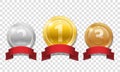 Gold, silver and bronze shiny medals with red ribbons isolated on transparent background. Champion Award Medals sport