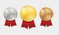 Gold, silver and bronze shiny medals with red ribbons on transparent background. Champion Award Medals sport