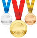 Gold, silver, bronze sport medals with ribbon