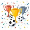 Gold, silver and bronze trophy cup in flat cartoon style. Winner cups, football balls and confetti on white background Royalty Free Stock Photo