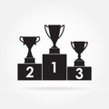 Gold, Silver and Bronze Trophy Cup on prize podium. First place award. Champions or winners Infographic elements isolated on white Royalty Free Stock Photo