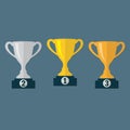 Gold, Silver and Bronze Trophy Cup on prize podium. First place award. Champions or winners Infographic elements. Vector illustrat Royalty Free Stock Photo