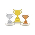 Gold, Silver and Bronze Trophy Cup on prize podium. First place award. Different champions or winners cups in flat style. Vector Royalty Free Stock Photo