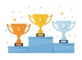 Gold, silver, bronze trophy cup. Prize podium with winner or champion awards. Sport competition trophy cups on pedestal Royalty Free Stock Photo