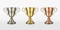 Gold silver and bronze trophy cup. Realistic champion awards, first, second, third place, championship winners golden Royalty Free Stock Photo