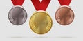 Gold silver and bronze trophy medals. First, second, third place realistic medal with laurel leaves hanging on ribbons Royalty Free Stock Photo