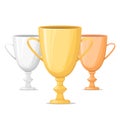 Gold, silver and bronze winners cup. Trophy. Isolated on white background. Cartoon style Royalty Free Stock Photo