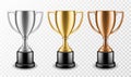 Gold silver and bronze winners cups. Shiny champion trophy, ceremony awarding metallic sport prize. Vector set