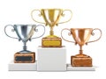 Gold, silver and bronze winners trophy cups. 3D render