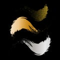 Gold and silver brush stroke paint set isolated on black background Royalty Free Stock Photo