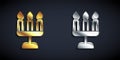 Gold and silver Candelabrum with three candlesticks icon isolated on black background. Long shadow style. Vector Royalty Free Stock Photo