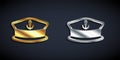 Gold and silver Captain hat icon isolated on black background. Long shadow style. Vector Royalty Free Stock Photo