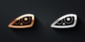 Gold and silver Car headlight icon isolated on black background. Long shadow style. Vector