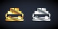 Gold and silver Cargo train wagon icon isolated on black background. Full freight car. Railroad transportation. Long