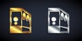 Gold and silver Case of computer icon isolated on black background. Computer server. Workstation. Long shadow style