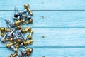 Gold and silver chess pieces and chessboard on blue wood table, Chess business leader and success. Royalty Free Stock Photo