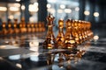 Gold and silver chess team on hexagon floor - luxury concept